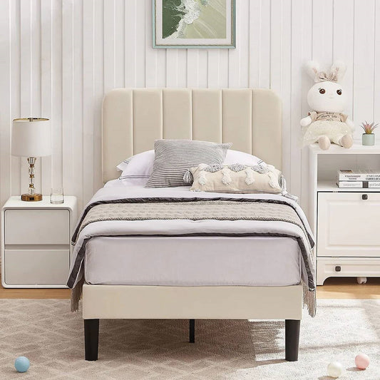 Twin size Beige Upholstered Platform Bed Frame with Headboard-1