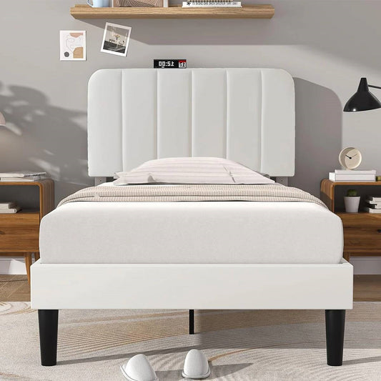 Twin size White Upholstered Platform Bed Frame with Headboard-1