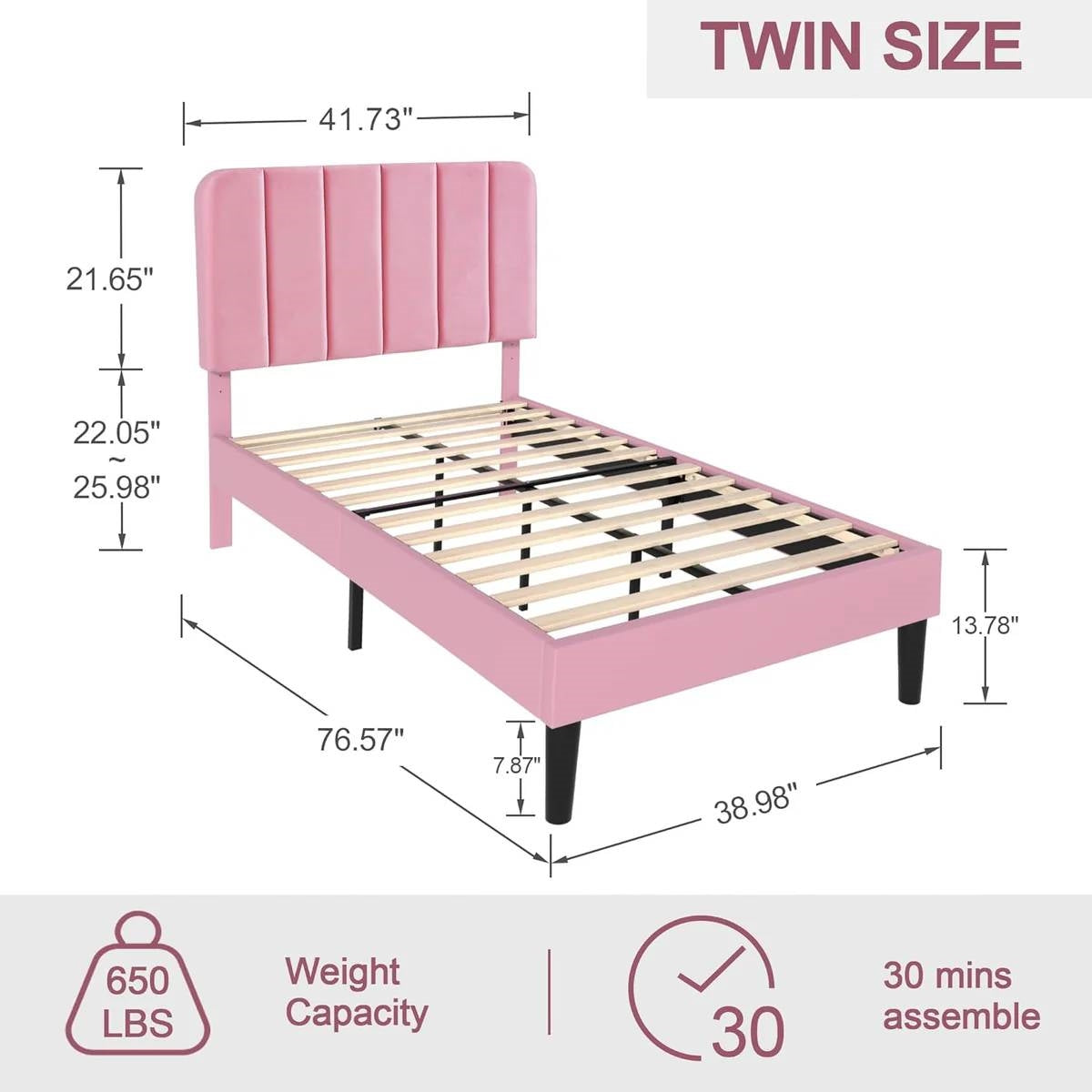 Twin size Pink Upholstered Platform Bed Frame with Headboard-4