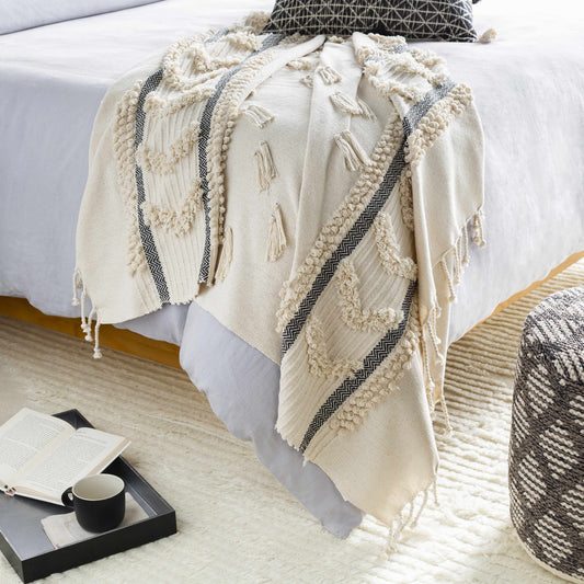 Boondall Ivory Cotton Throw Blanket with tassels-0