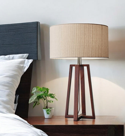 Walnut Wood Finish Linen Fabric Shade Table Lamp-0
