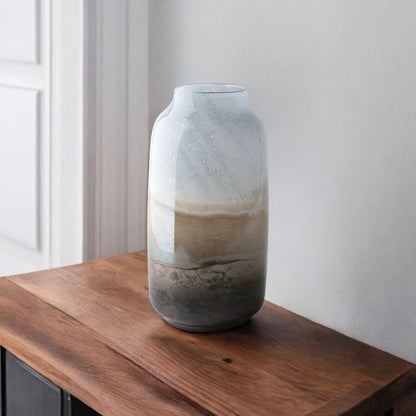 15" Blue And Beige Abstract Cylinder Crystal Glass Table Vase-0