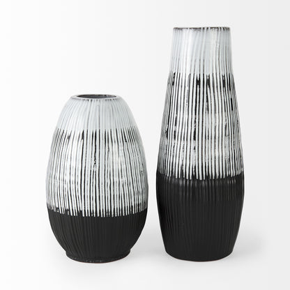 13" Black Gray And White Abstract Cylinder Ceramic Table Vase-2