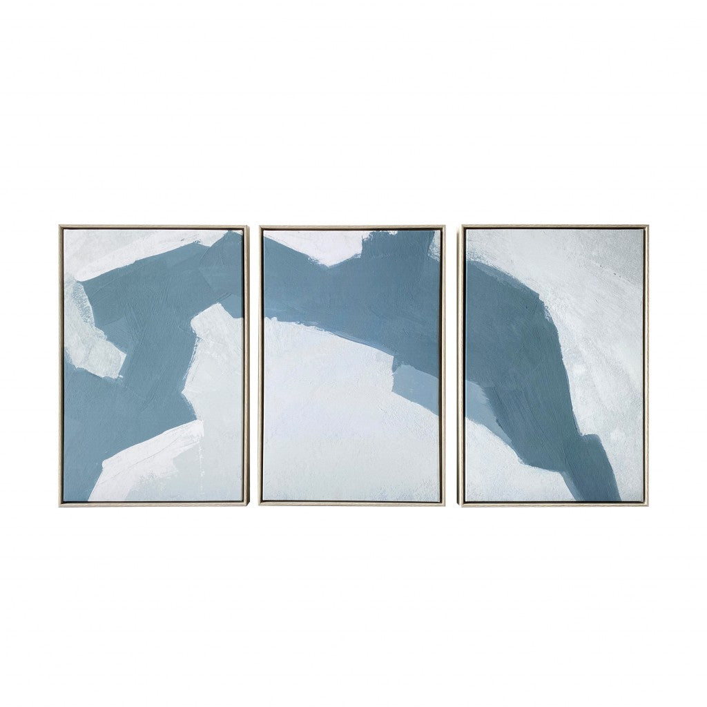 Set Of Three Blues and Grays Abstract Framed Canvas Wall Art Floater Frame Graphic Art Wall Art-1