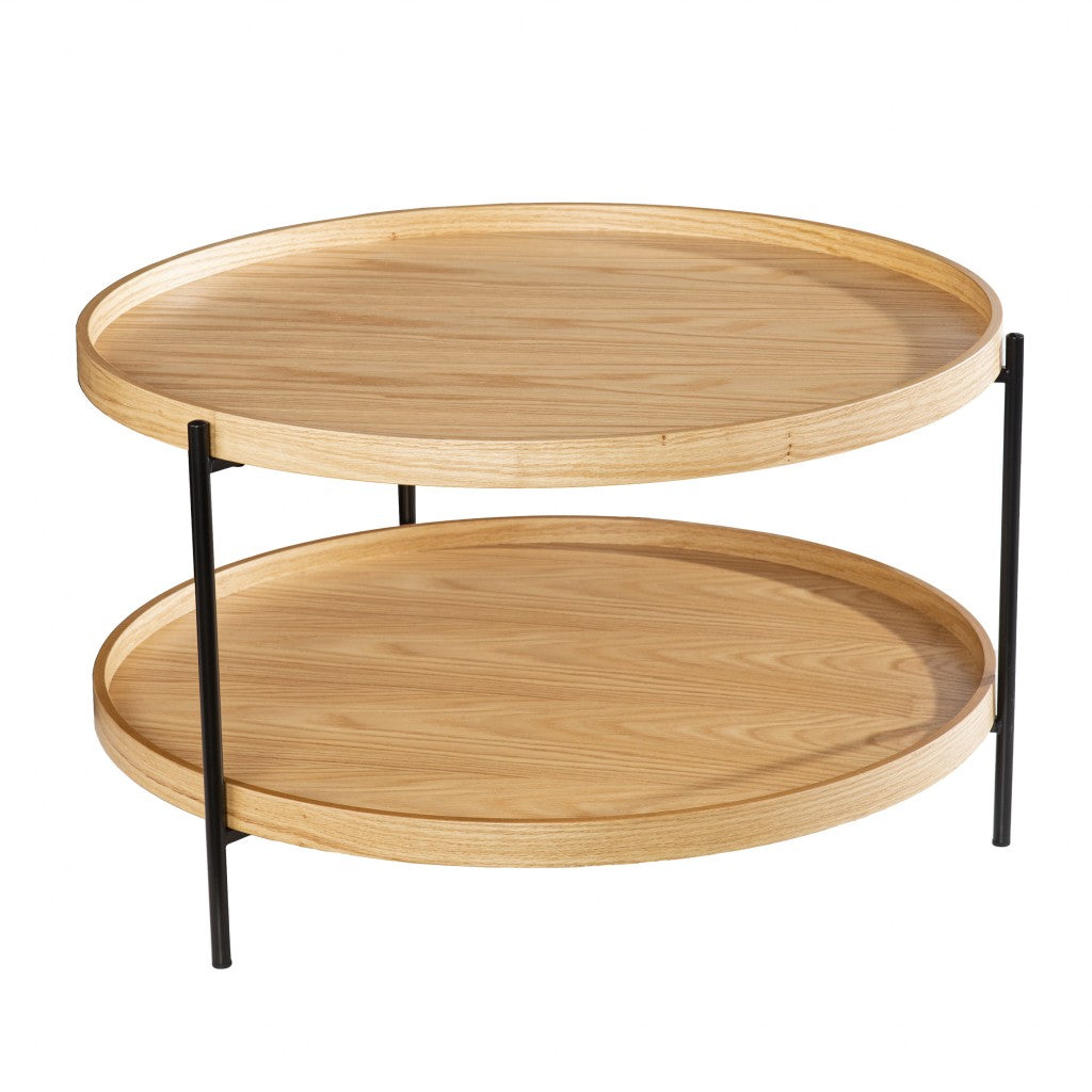 33" Natural and Black Wood and Metal Round Coffee Table-2