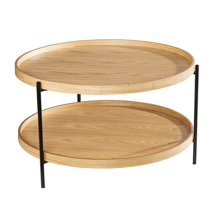 33" Natural and Black Wood and Metal Round Coffee Table-2