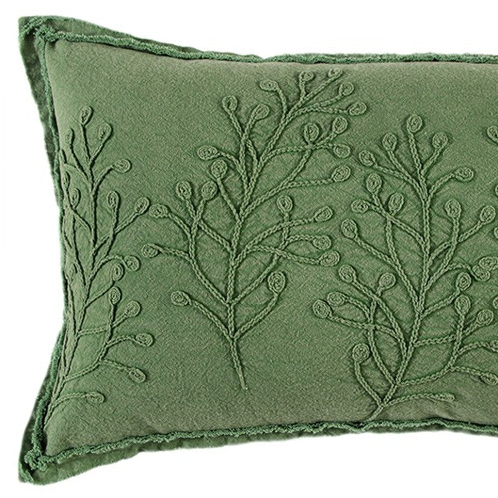 14" X 26" Green Tone on Tone Botanical Throw Pillow With Embroidery-3