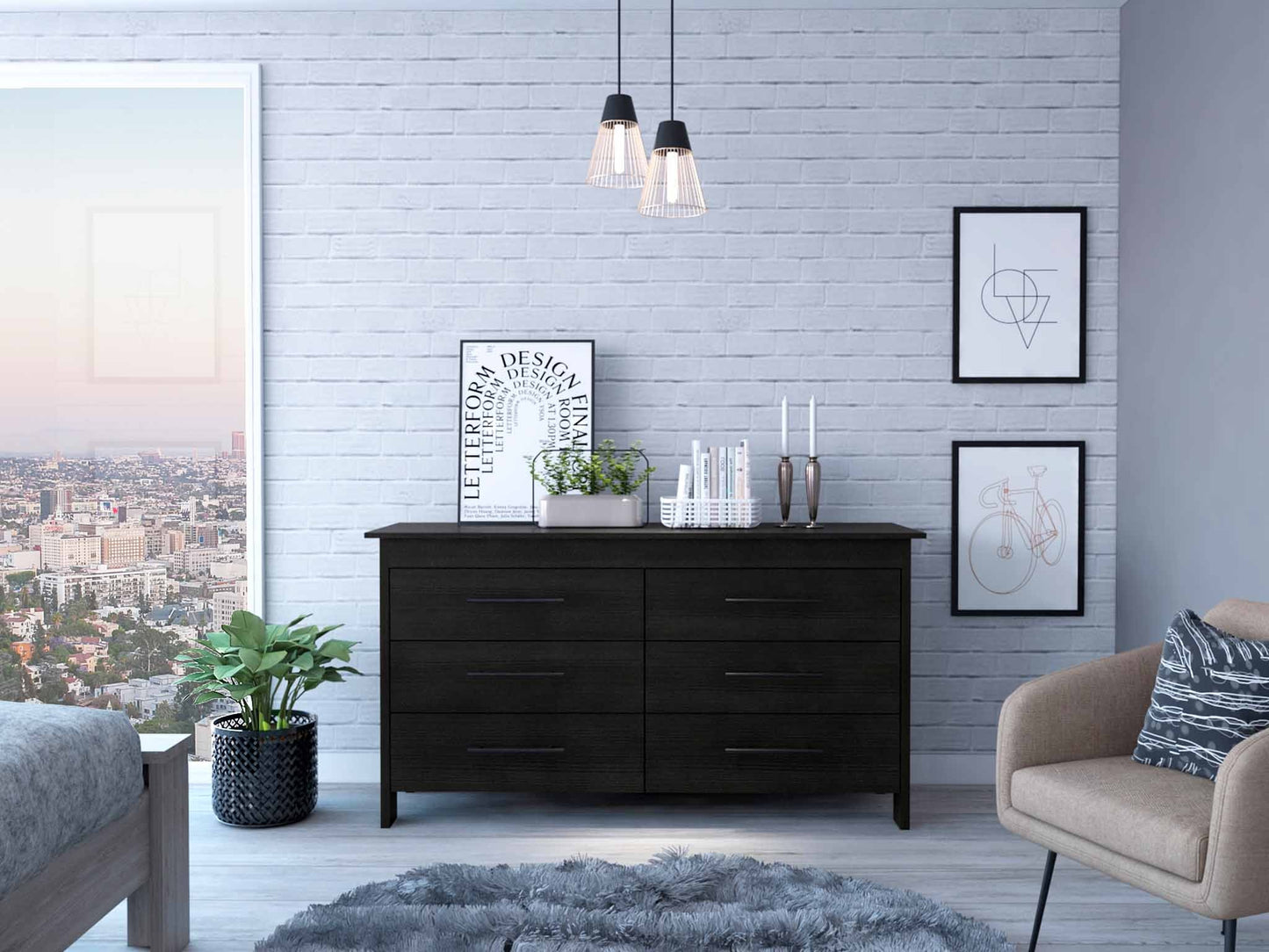 59" Black Six Drawer Double Dresser-5