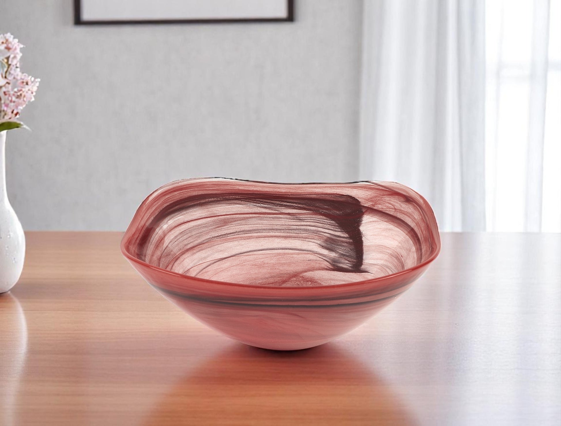 10" Red And White Alabaster Glass Square Salad Bowl-0