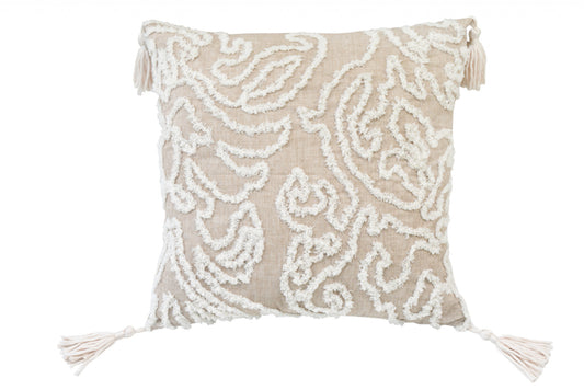17" Beige and White Throw Pillow with Tassels-0
