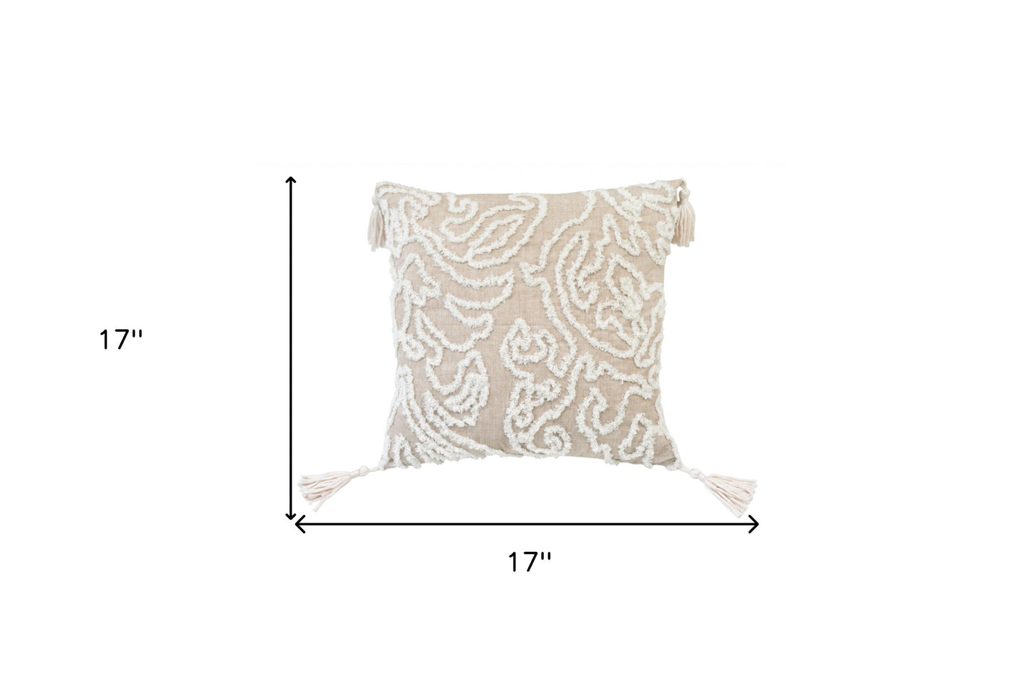 17" Beige and White Throw Pillow with Tassels-3