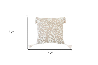 17" Beige and White Throw Pillow with Tassels-3
