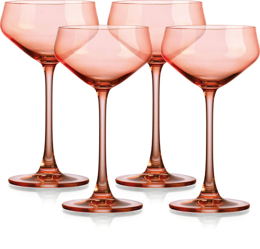Set of Four Coral Crystal Shallow Bowl Stemmed Coupe-1
