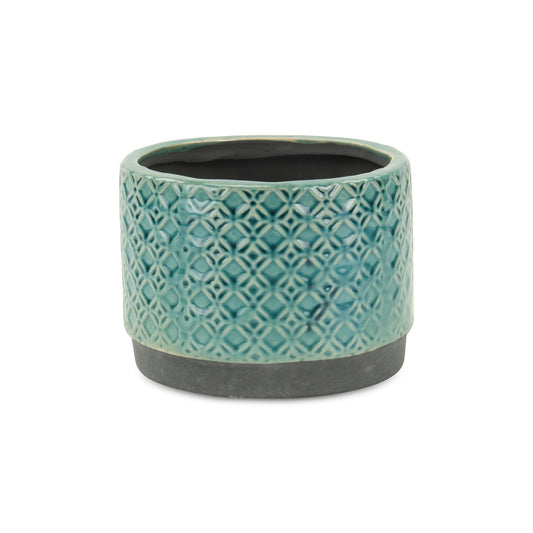 7" Turquoise Geometric Ceramic Indoor Outdoor Round Pot Planter-1