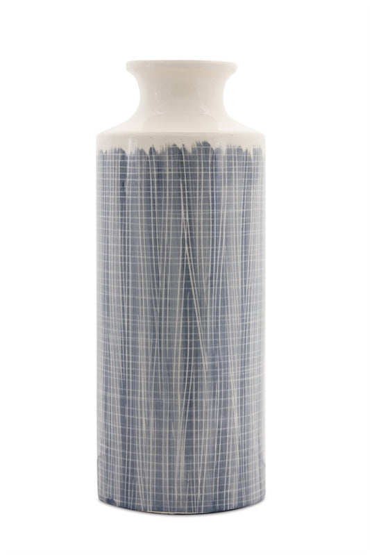 19" Blue and White Geometric Cylinder Terracotta Floor Vase-1