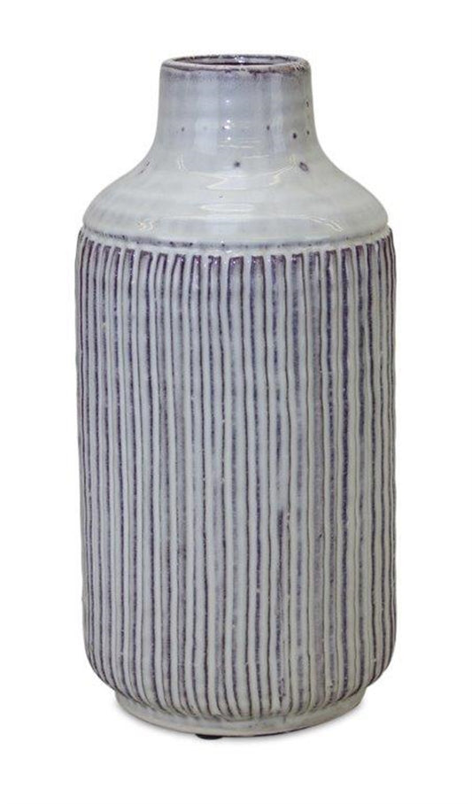 12" Gray And Brown Ribbed Terracotta Cylinder Table Vase-1