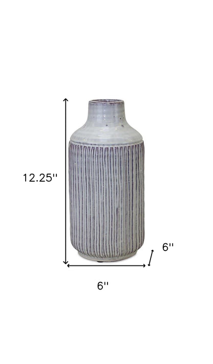 12" Gray And Brown Ribbed Terracotta Cylinder Table Vase-3