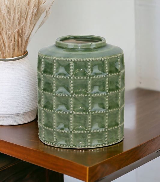7" Green Terracotta Geometric Cylinder Table Vase-0