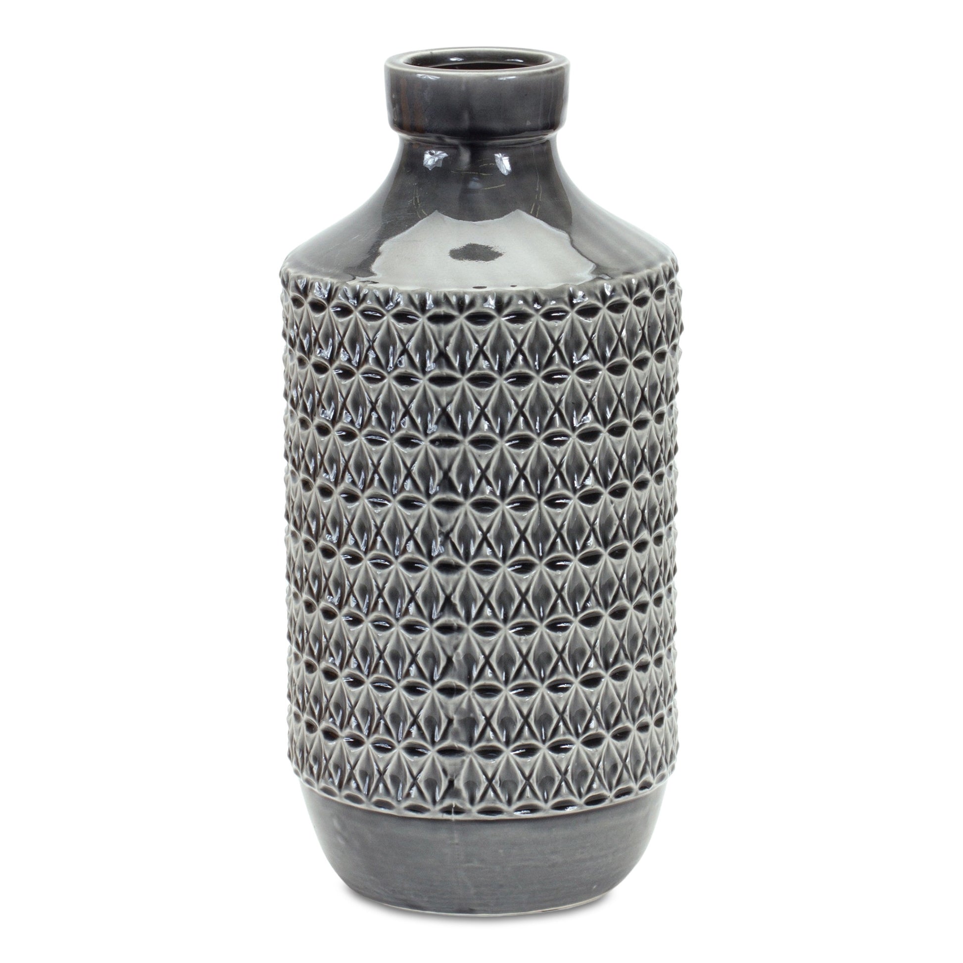 15" Gray Geometric Cylinder Terracotta Table Vase-1