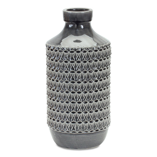 15" Gray Geometric Cylinder Terracotta Table Vase-1