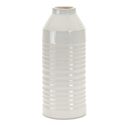 15" White Ribbed Cylinder Terracotta Table Vase-1