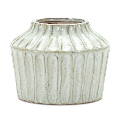 6" Ivory Ribbed Round Terracotta Table Vase-1