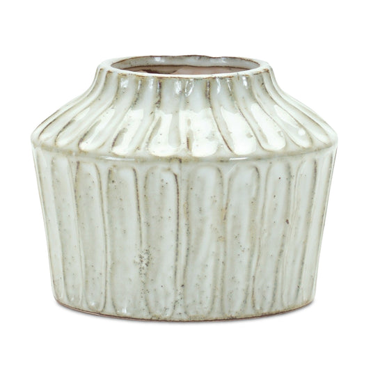 6" Ivory Ribbed Round Terracotta Table Vase-1