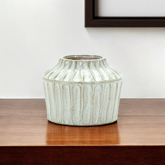 6" Ivory Ribbed Round Terracotta Table Vase-0