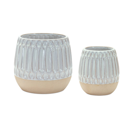 Set of Two Beige and White Ribbed Round Porcelain Table Vase-2
