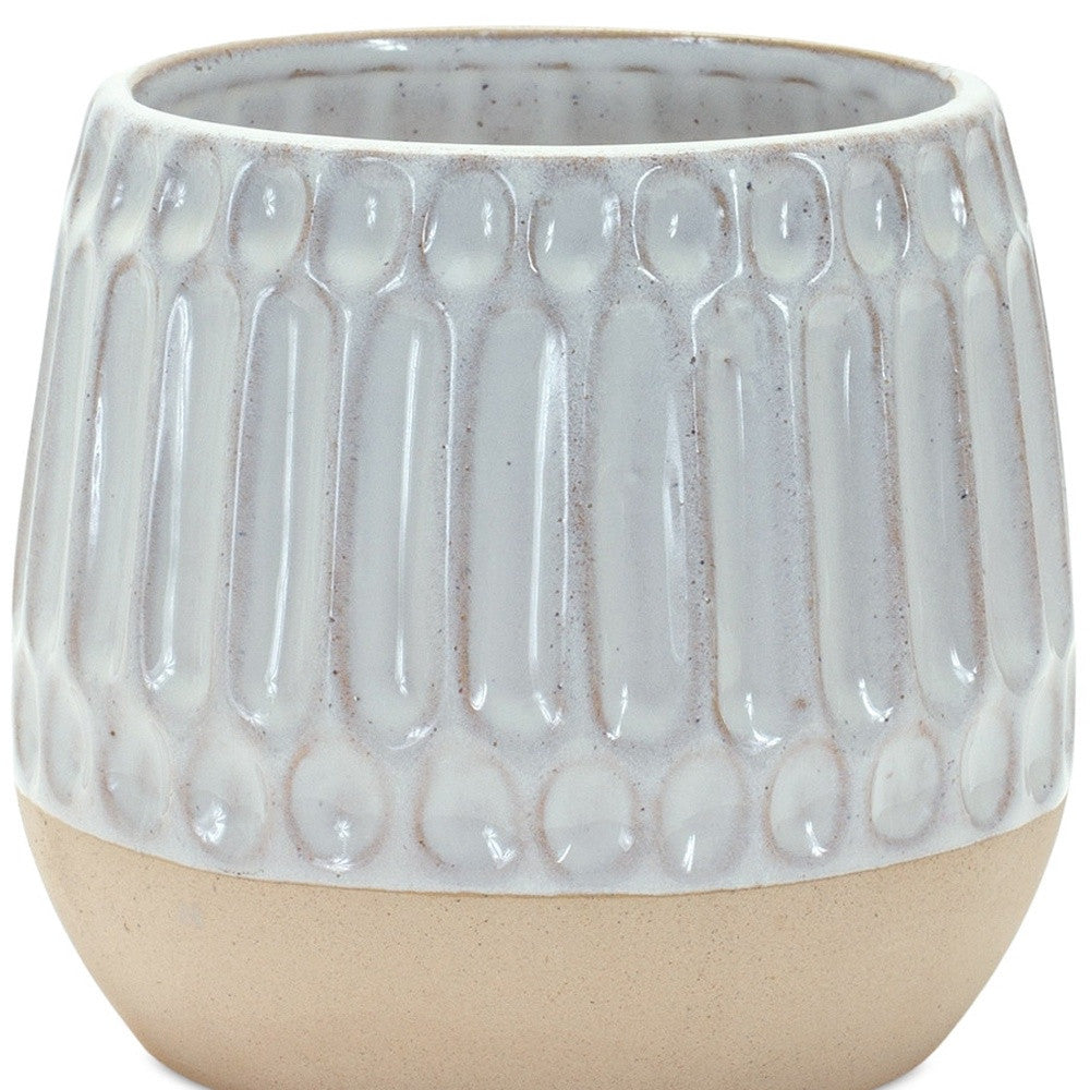Set of Two Beige and White Ribbed Round Porcelain Table Vase-1