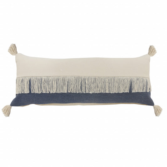 14" X 36" Denim Blue And Off-White 100% Cotton Zippered Pillow-0