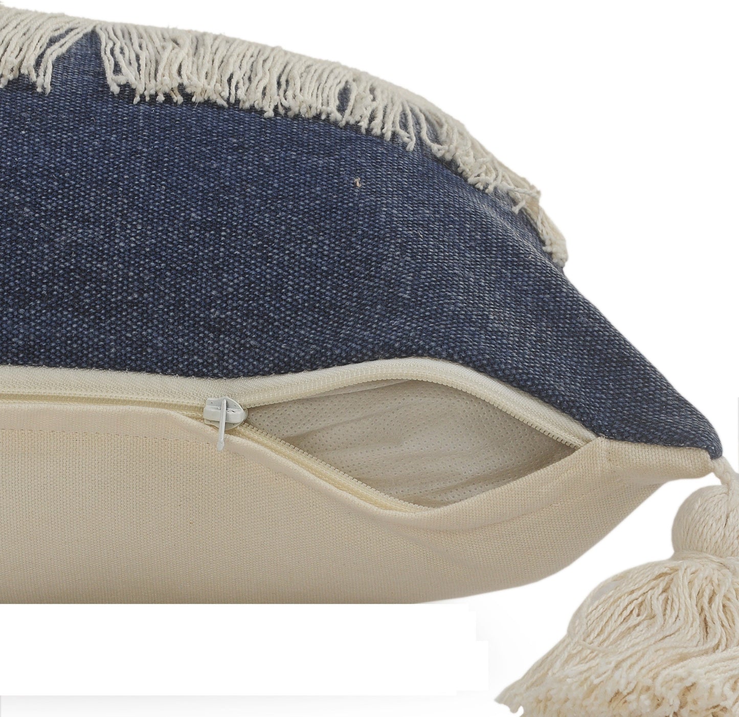 14" X 36" Denim Blue And Off-White 100% Cotton Zippered Pillow-6