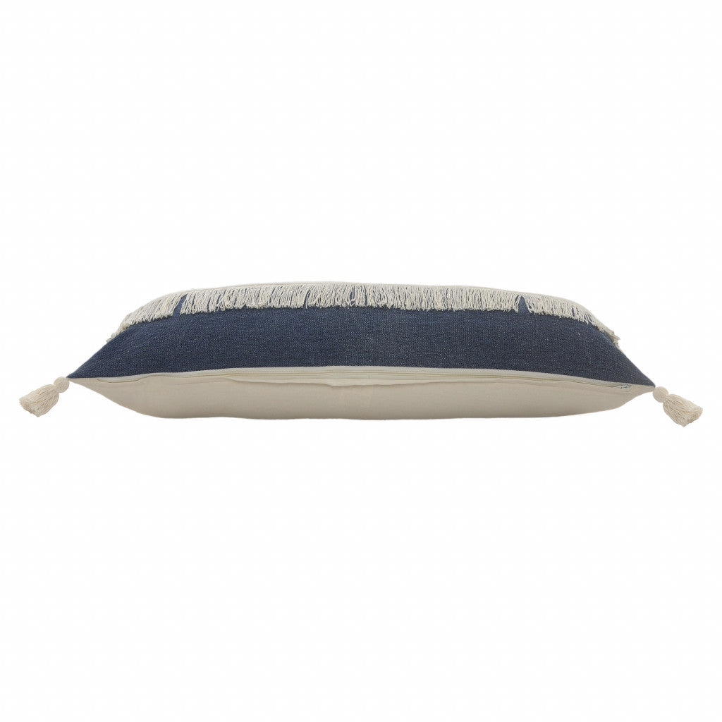 14" X 36" Denim Blue And Off-White 100% Cotton Zippered Pillow-1
