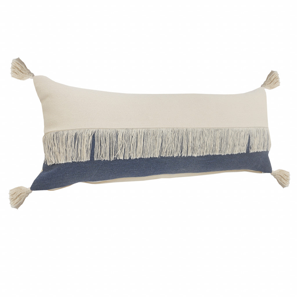 14" X 36" Denim Blue And Off-White 100% Cotton Zippered Pillow-2