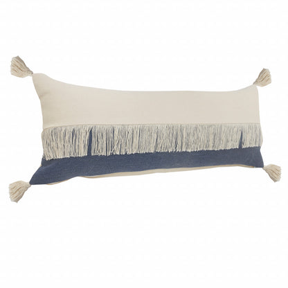 14" X 36" Denim Blue And Off-White 100% Cotton Zippered Pillow-2
