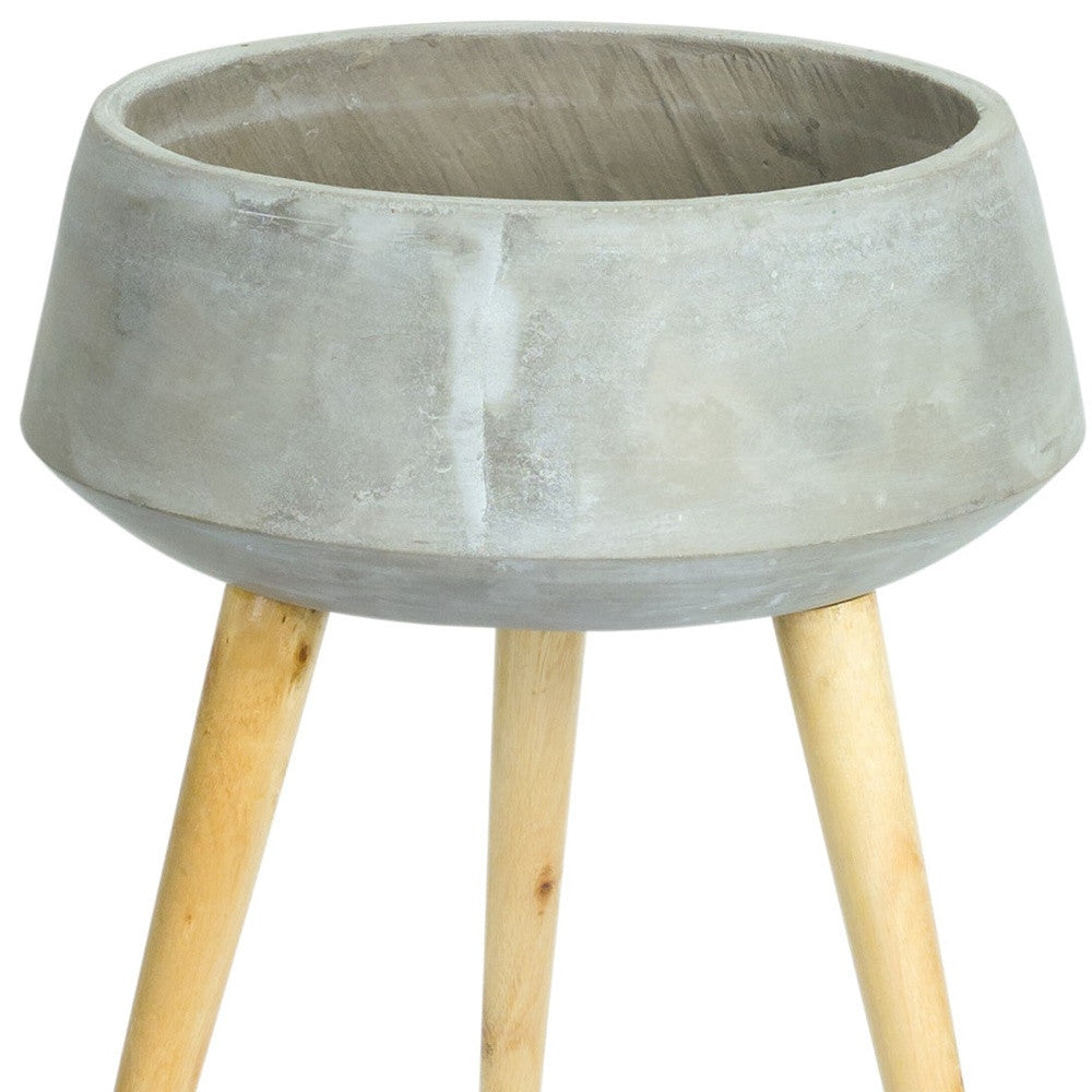 Gray Cement And Wood 81 Ounce Round Distressed Pot Planter With Stand-4