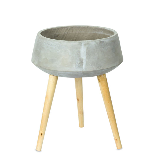 Gray Cement And Wood 81 Ounce Round Distressed Pot Planter With Stand-1
