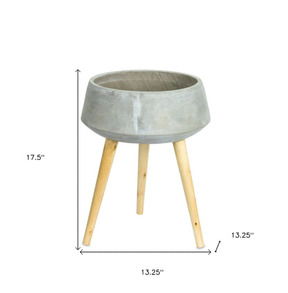 Gray Cement And Wood 81 Ounce Round Distressed Pot Planter With Stand-5