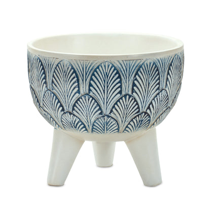 Set of Two Blue And White Polyresin Geometric Pot Planters-3