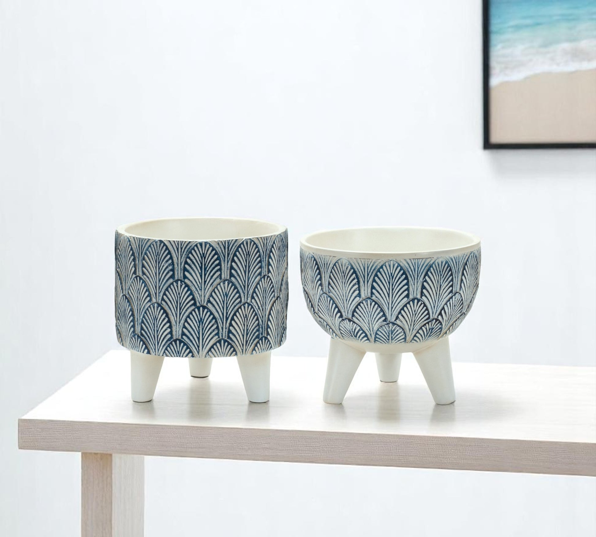 Set of Two Blue And White Polyresin Geometric Pot Planters-0