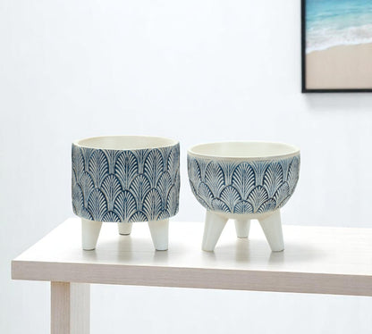 Set of Two Blue And White Polyresin Geometric Pot Planters-0