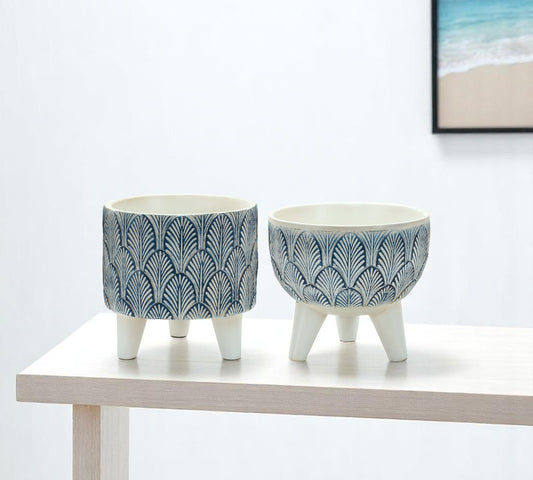 Set of Two Blue And White Polyresin Geometric Pot Planters-0