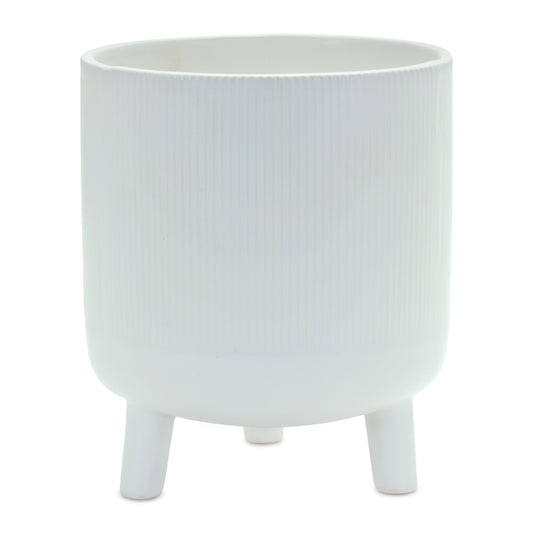 White Ceramic 7 Ounce Striped Footed Pot Planter-1