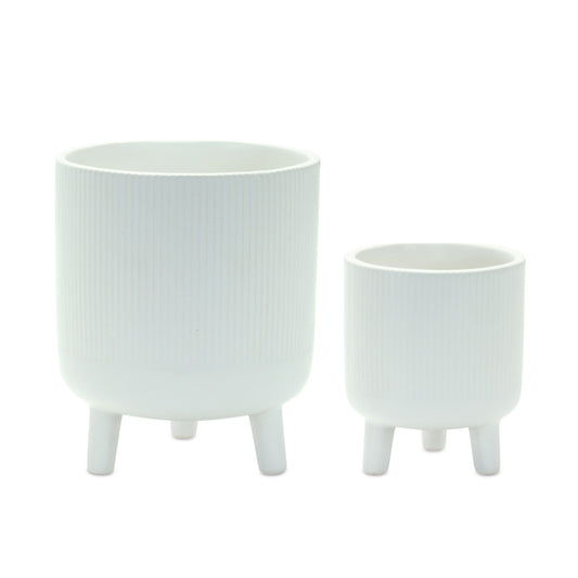 Set of Two White Ceramic Striped Footed Pot Planters-1