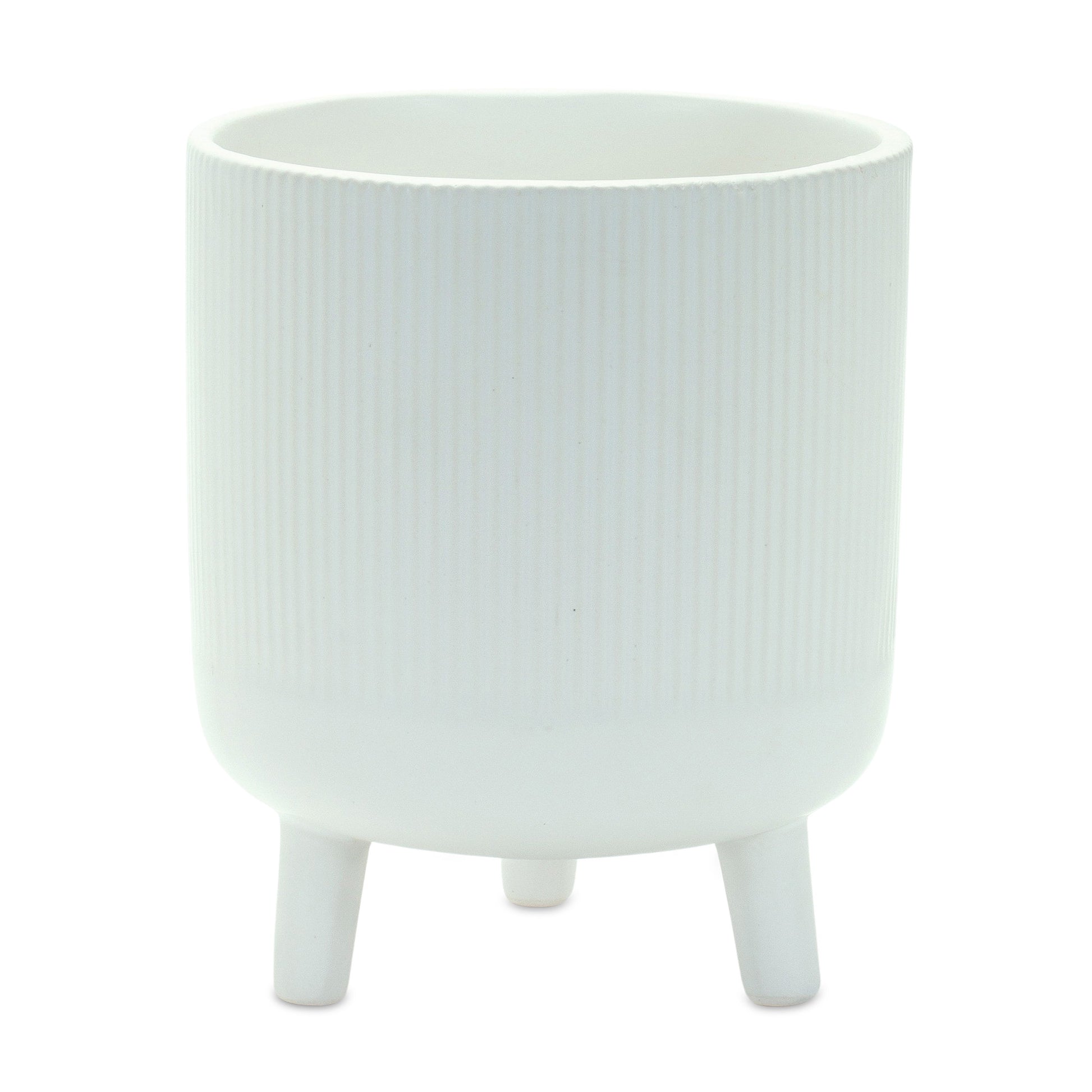 Set of Two White Ceramic Striped Footed Pot Planters-2