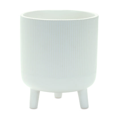 Set of Two White Ceramic Striped Footed Pot Planters-2