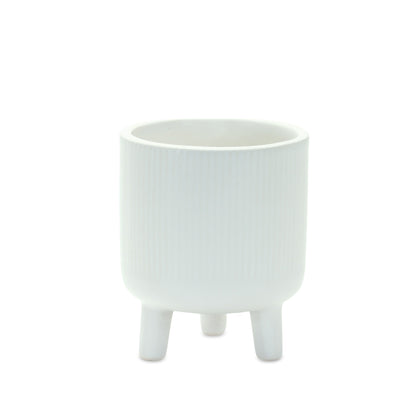 Set of Two White Ceramic Striped Footed Pot Planters-3