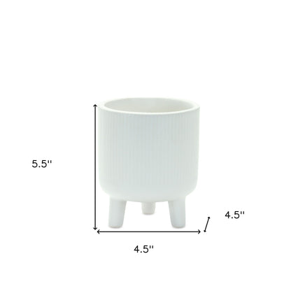 Set of Two White Ceramic Striped Footed Pot Planters-4