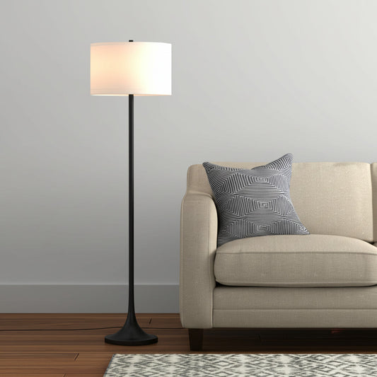 62" Black Floor Lamp With White Fabric Drum Shade-0