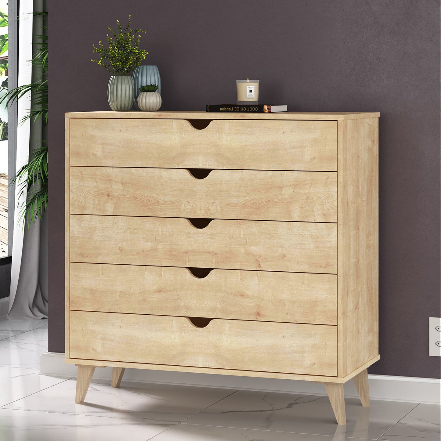 36" Natural Wood Five Drawer Dresser-5